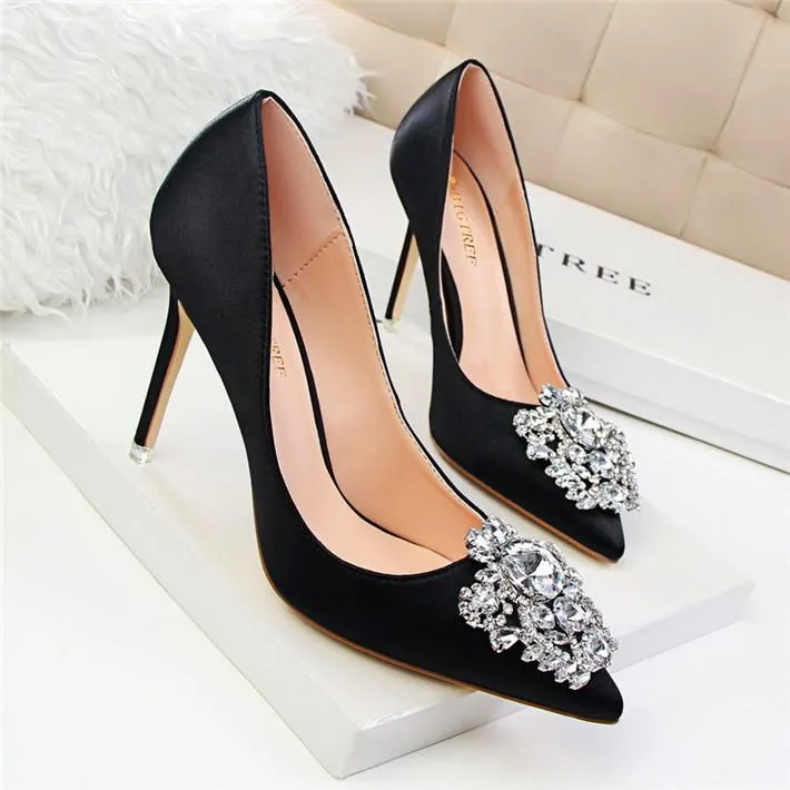 Crystal Rhinestone Pendant Pointed Toe Silk Stiletto High Heel Pumps