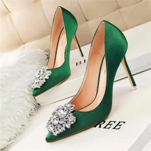 Crystal Rhinestone Pendant Pointed Toe Silk Stiletto High Heel Pumps