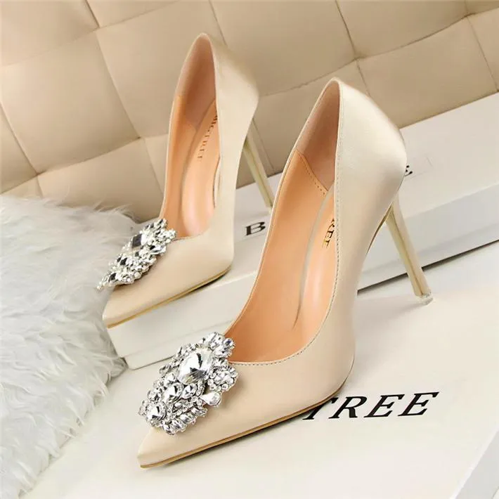 Crystal Rhinestone Pendant Pointed Toe Silk Stiletto High Heel Pumps