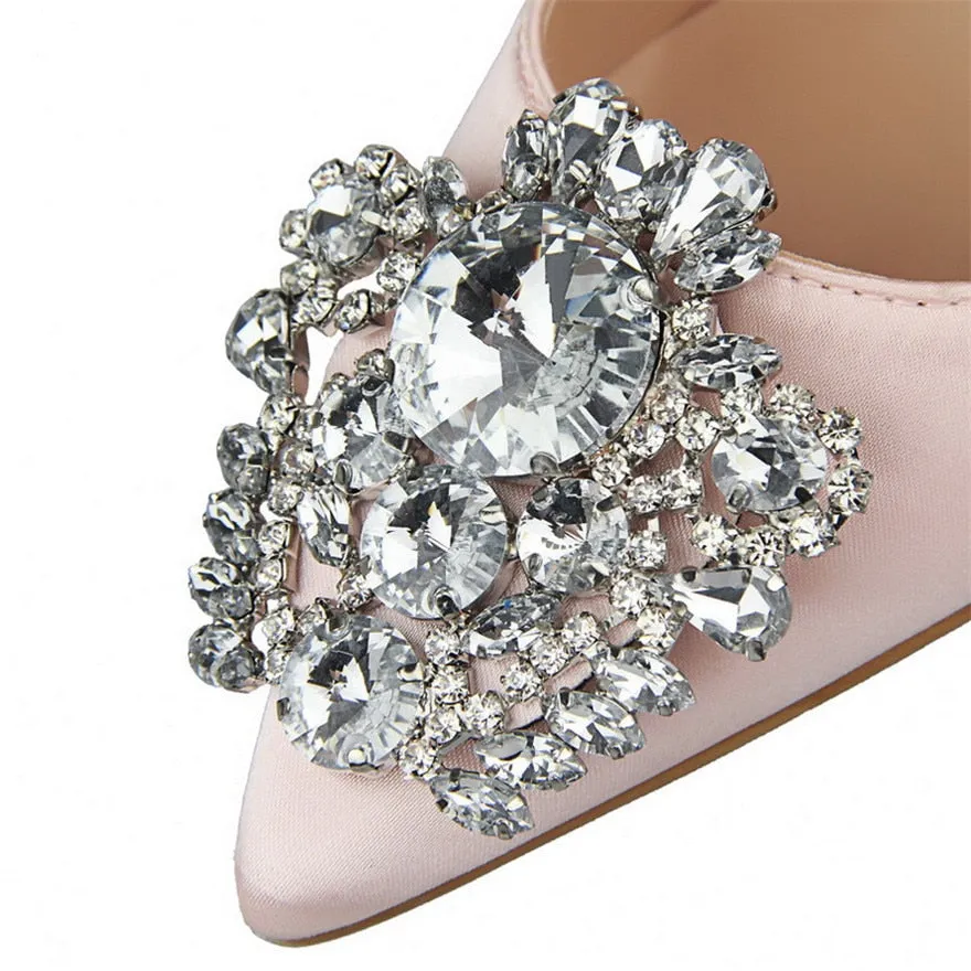 Crystal Rhinestone Pendant Pointed Toe Silk Stiletto High Heel Pumps