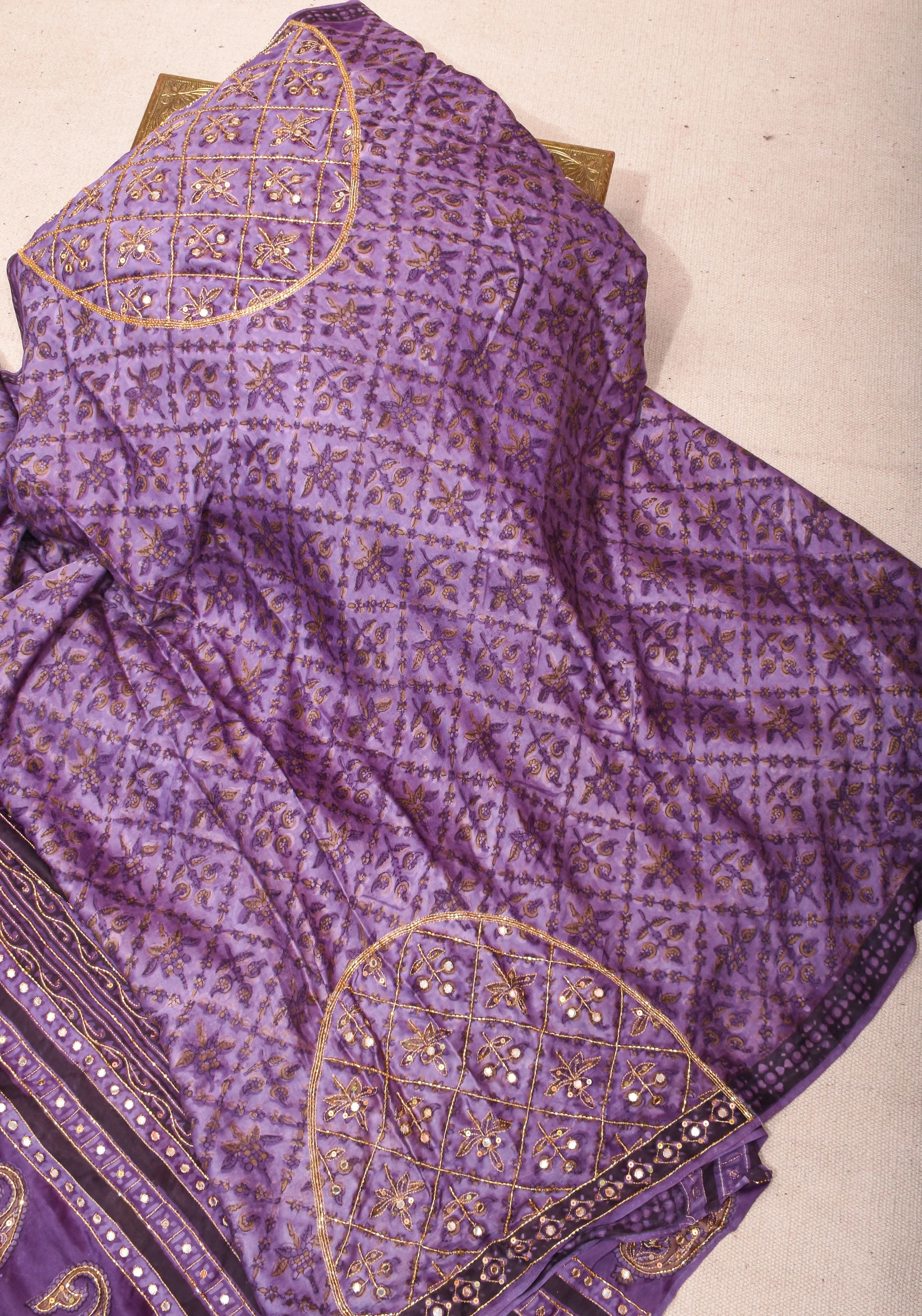 Dark Lilac Modal Silk Saree with Vanaspati Hand Block Print Cutdana & Sequins Work