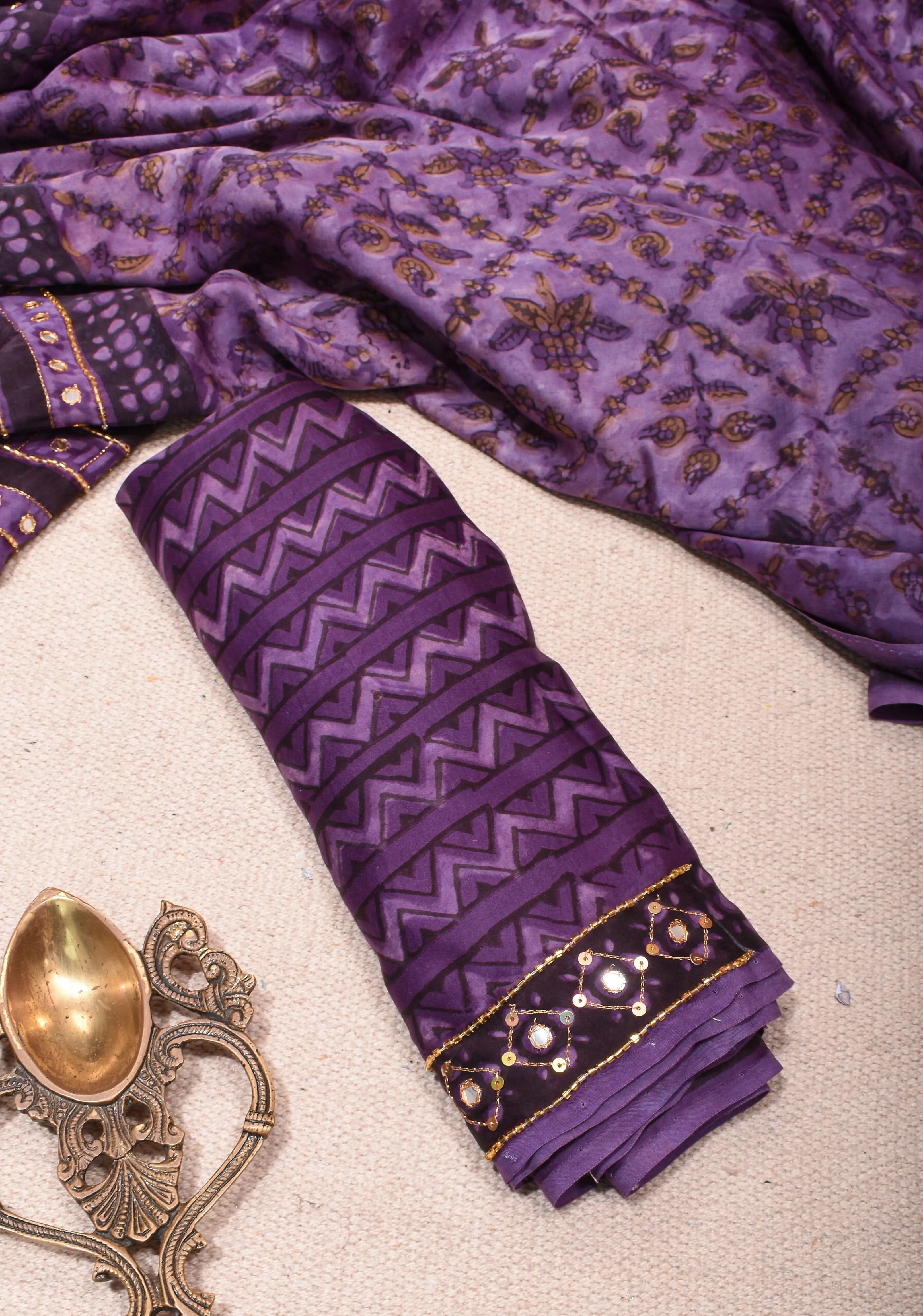Dark Lilac Modal Silk Saree with Vanaspati Hand Block Print Cutdana & Sequins Work