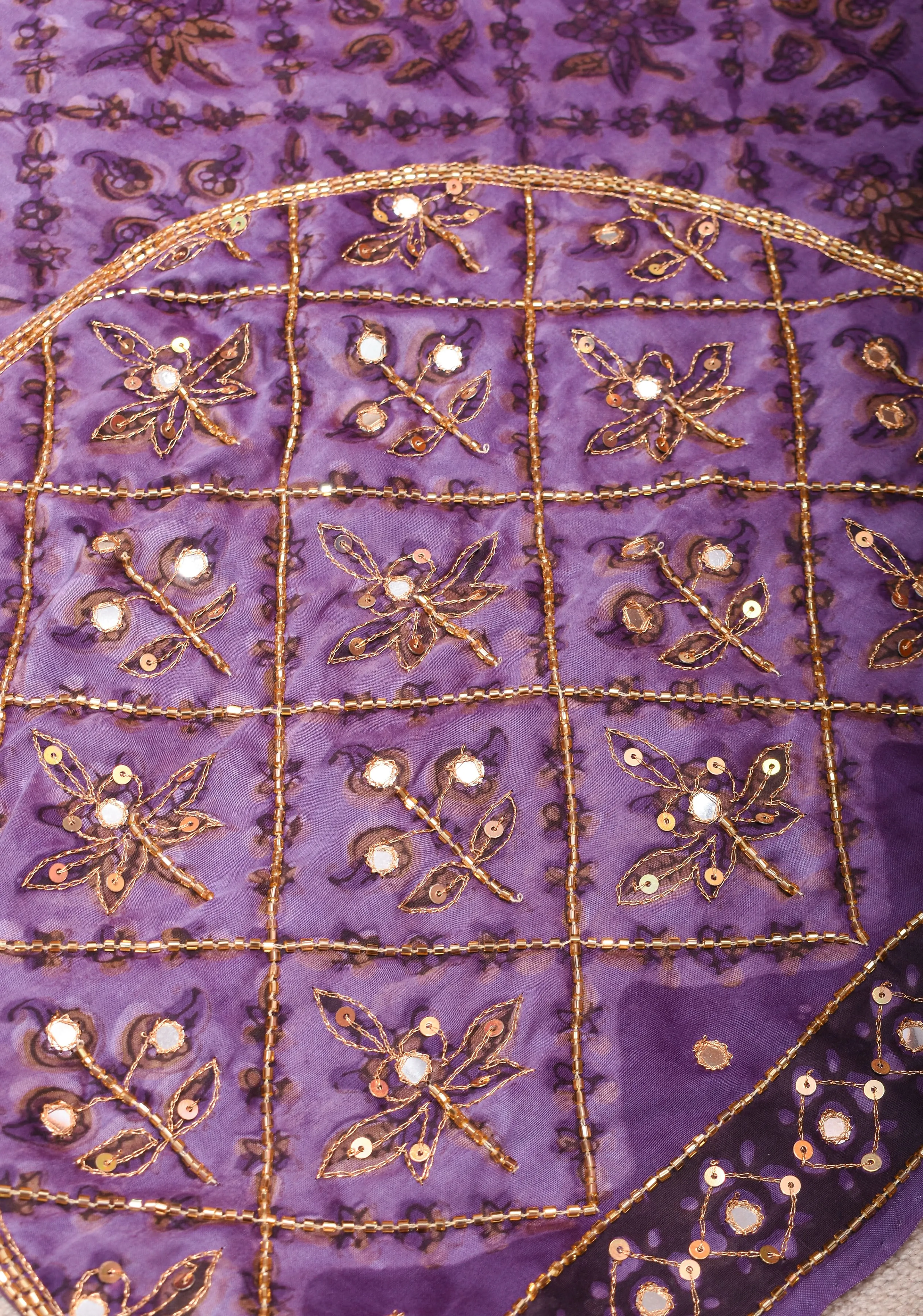 Dark Lilac Modal Silk Saree with Vanaspati Hand Block Print Cutdana & Sequins Work