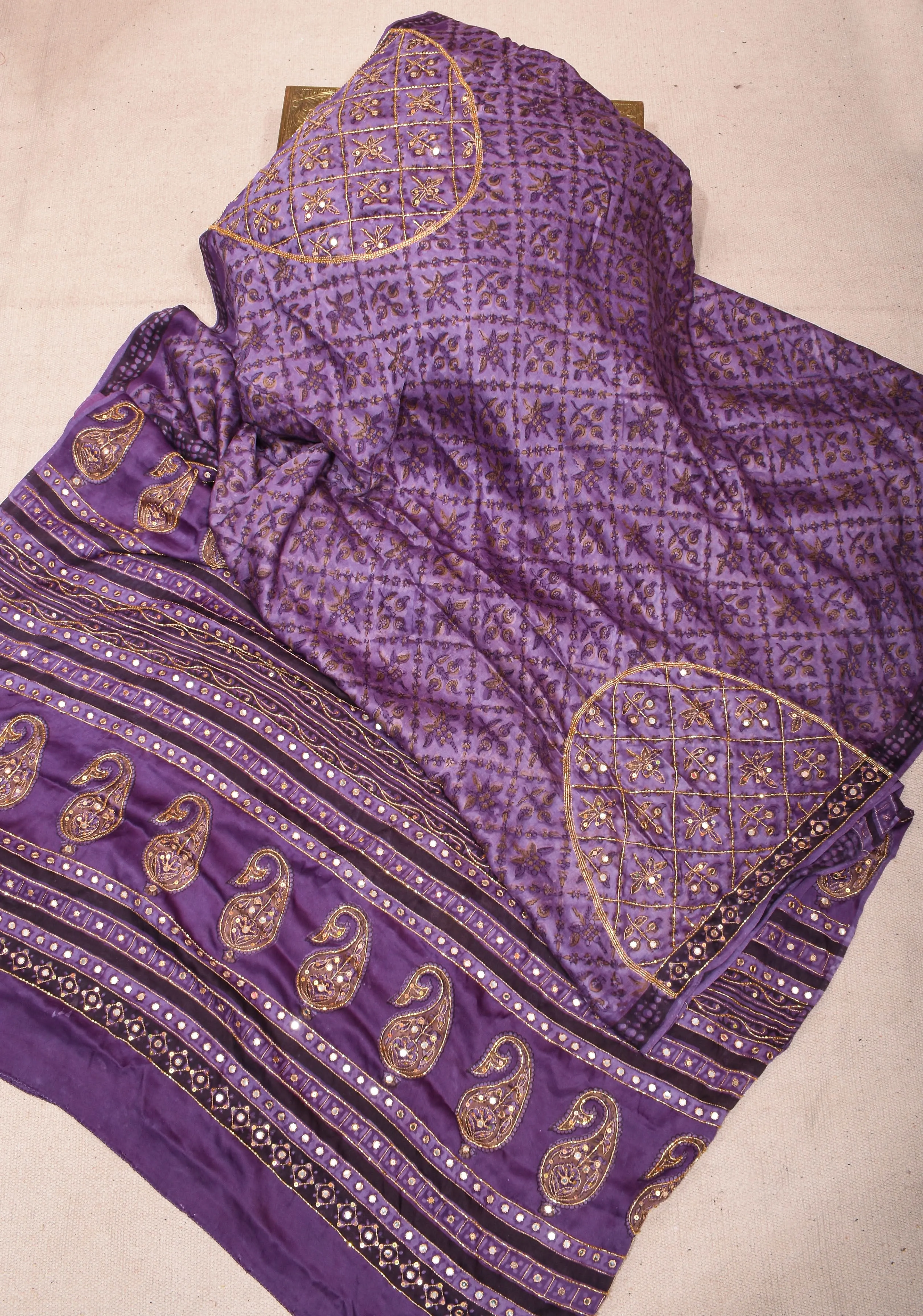 Dark Lilac Modal Silk Saree with Vanaspati Hand Block Print Cutdana & Sequins Work