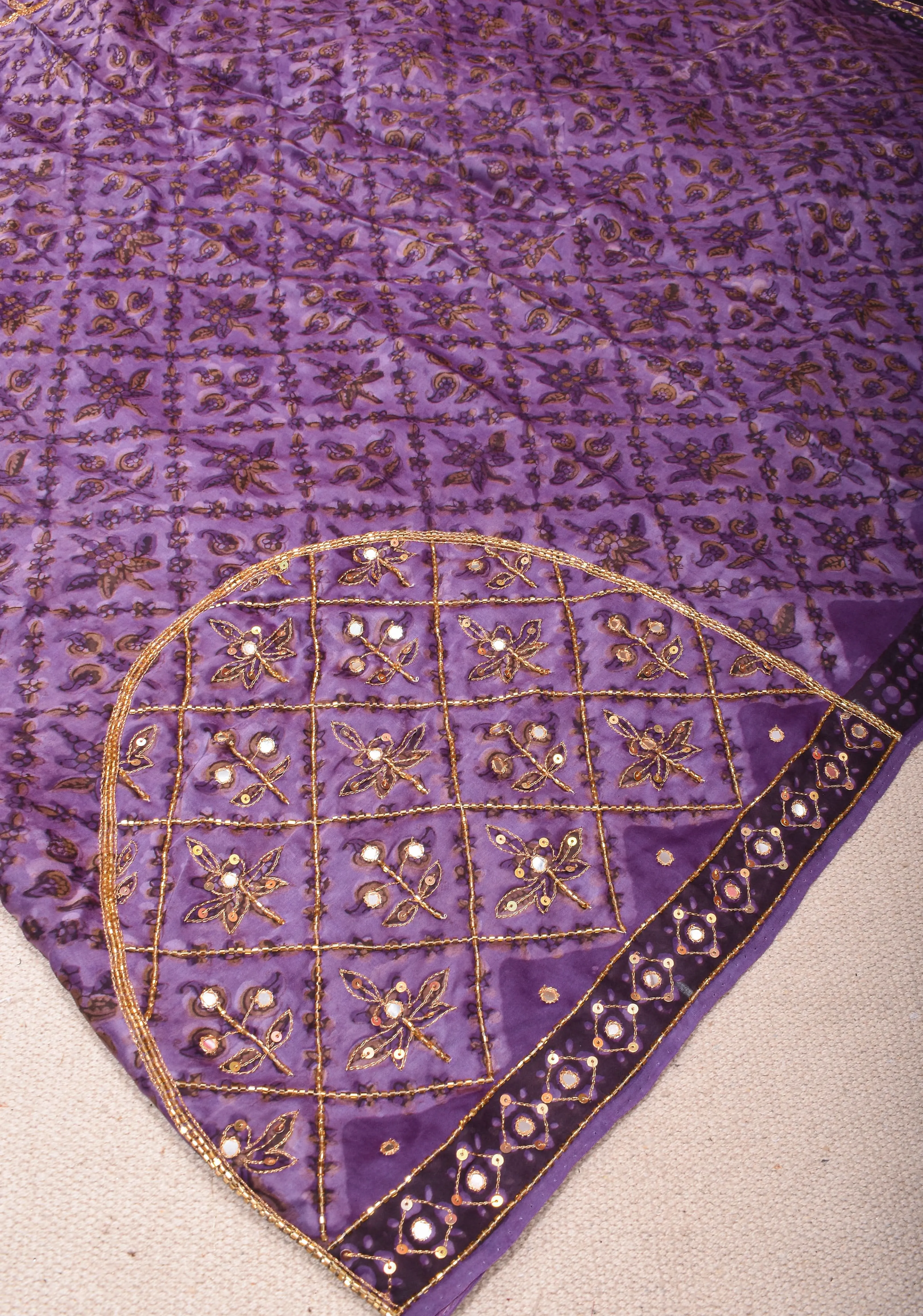 Dark Lilac Modal Silk Saree with Vanaspati Hand Block Print Cutdana & Sequins Work