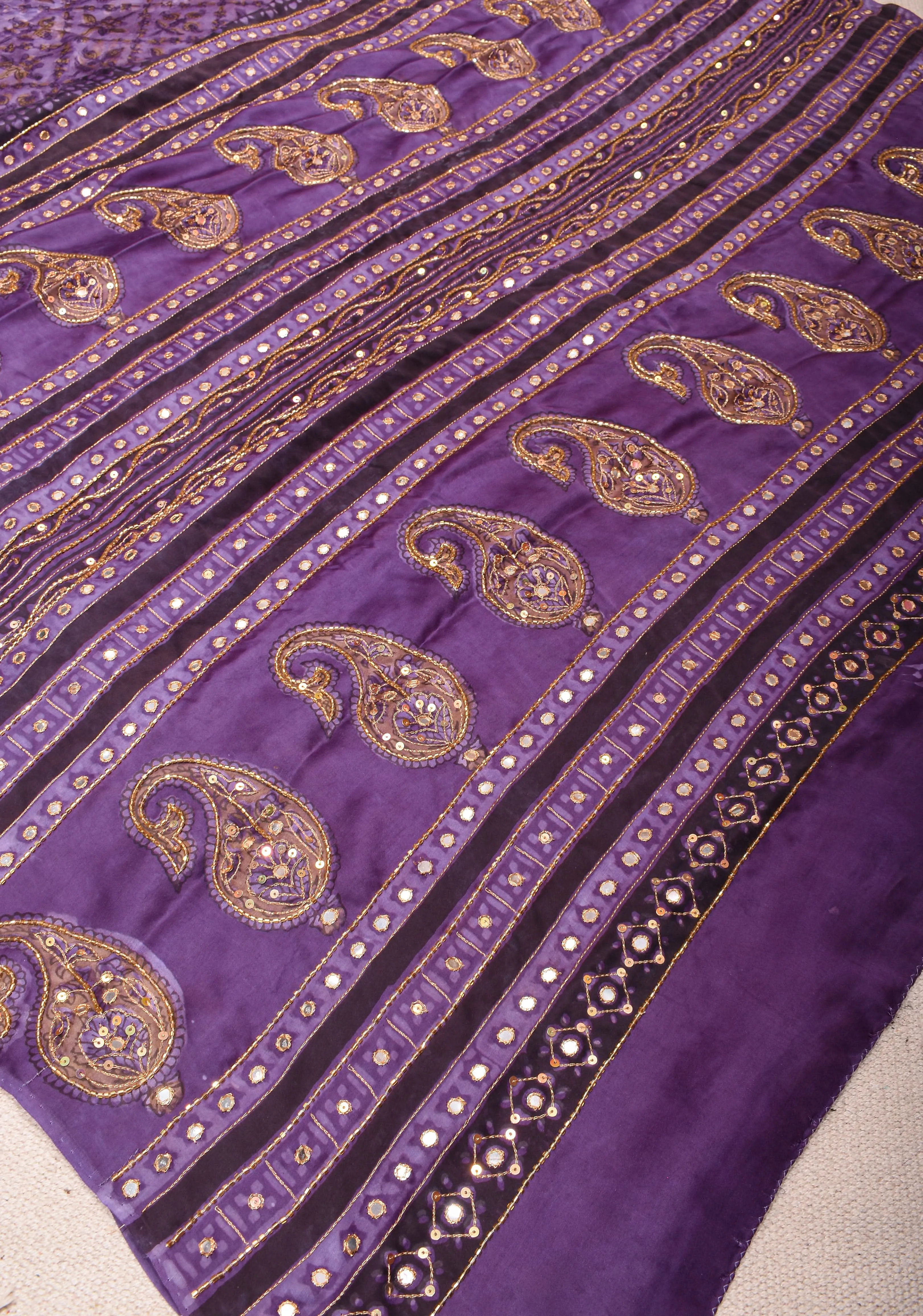 Dark Lilac Modal Silk Saree with Vanaspati Hand Block Print Cutdana & Sequins Work