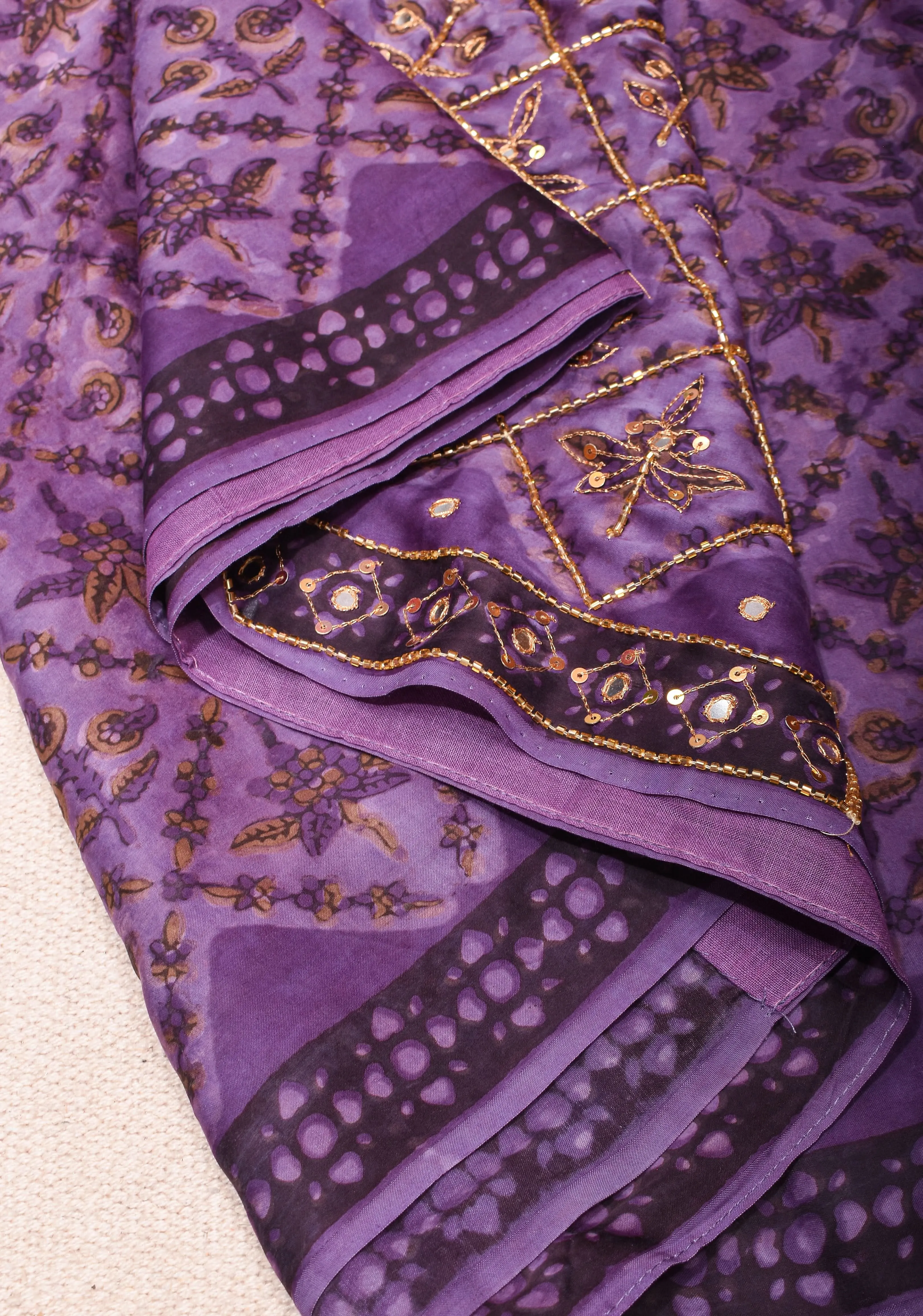 Dark Lilac Modal Silk Saree with Vanaspati Hand Block Print Cutdana & Sequins Work