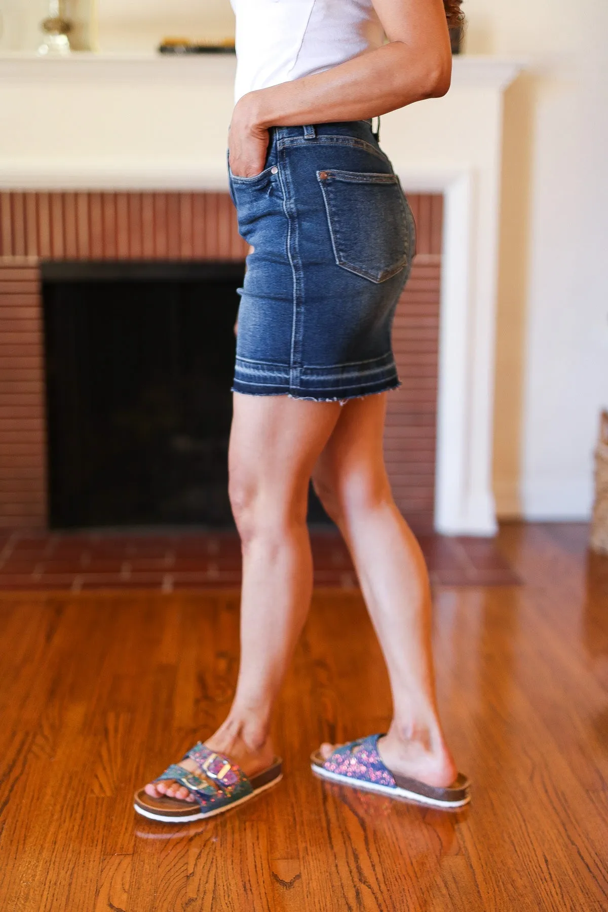 Dark Wash High Waist Tummy Control Release Hem Judy Blue Skirt