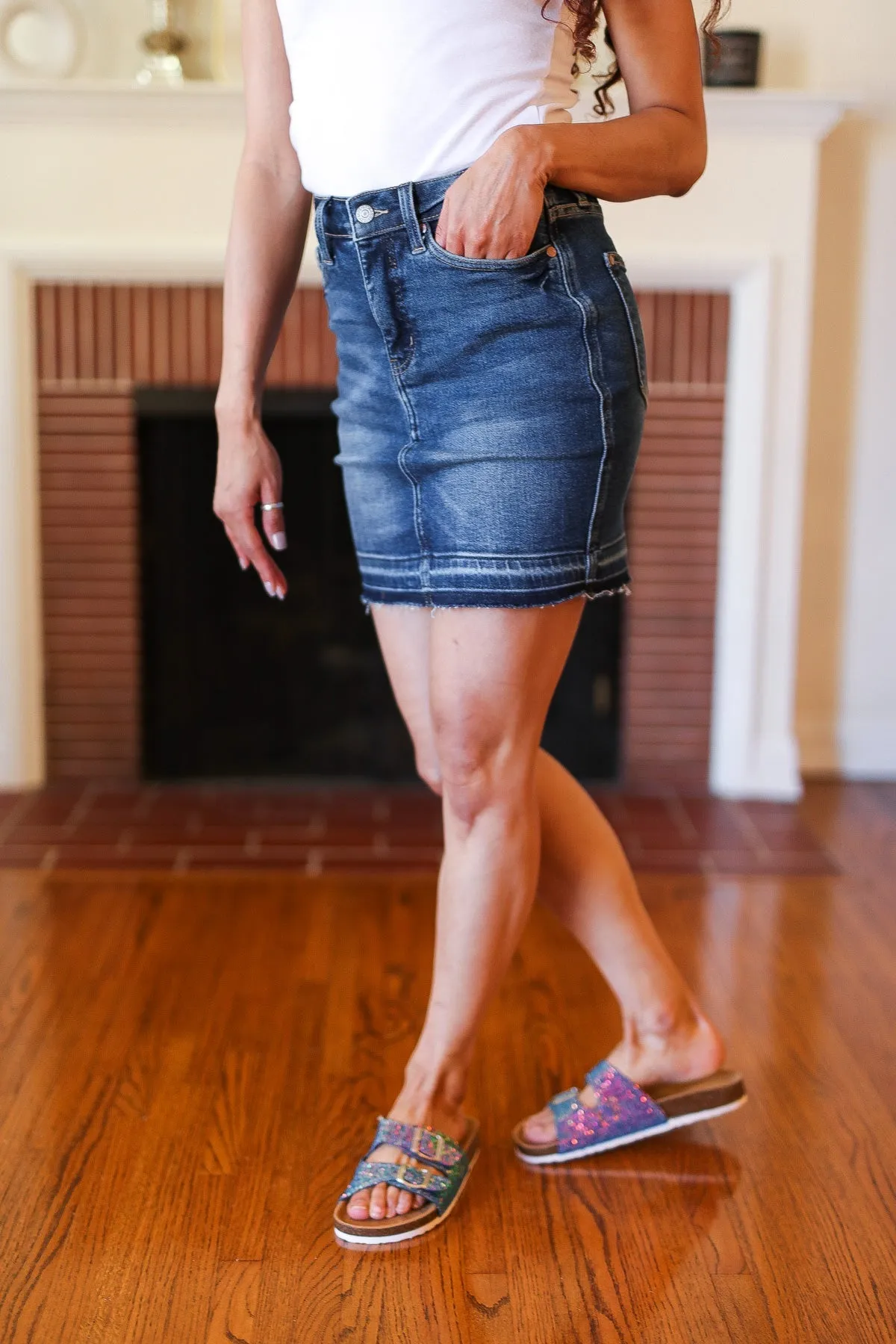 Dark Wash High Waist Tummy Control Release Hem Judy Blue Skirt