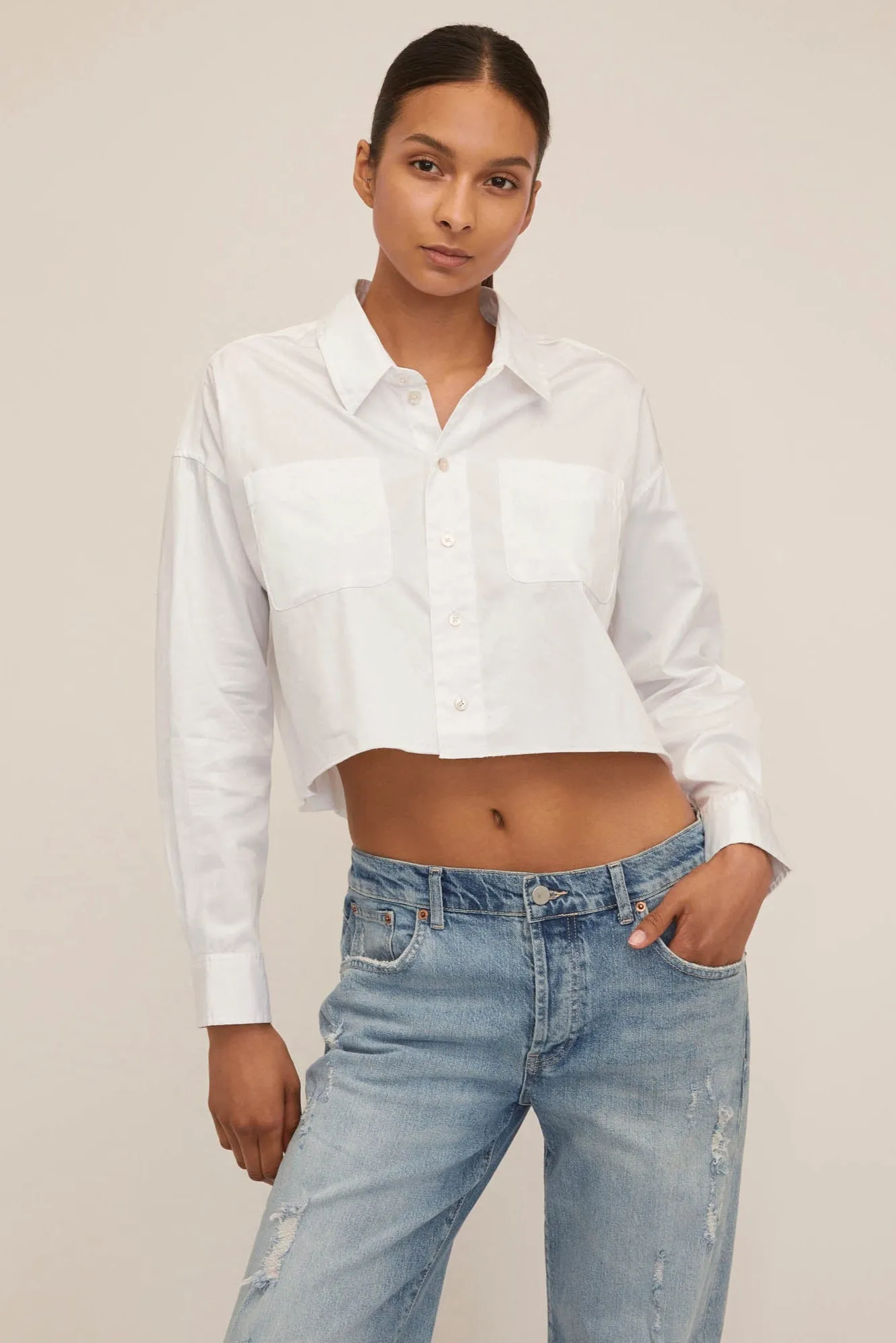 Davie Cropped Sateen Boyfriend Button Down