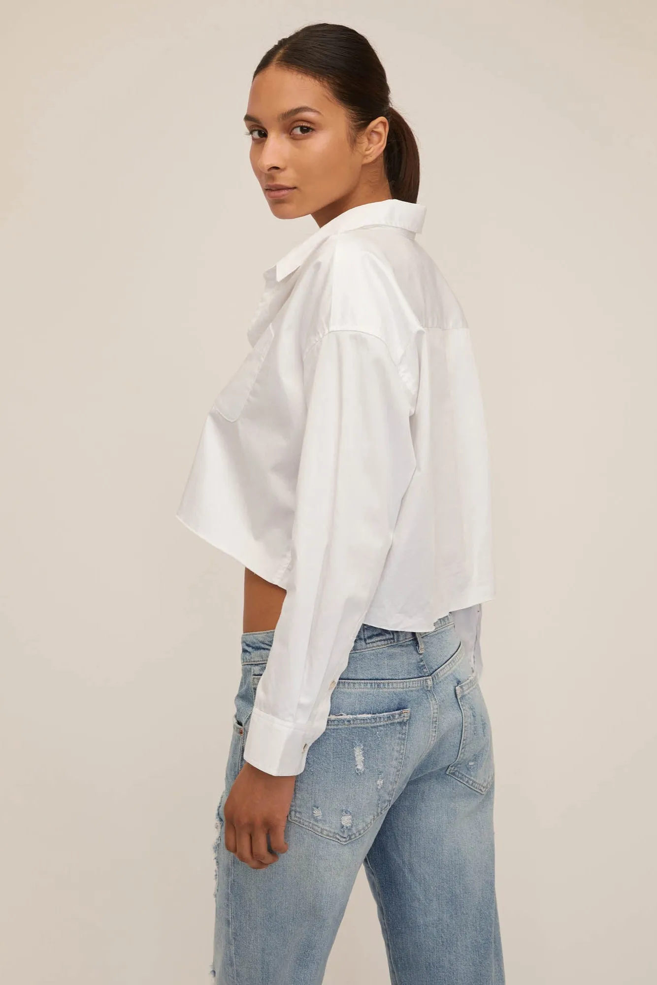 Davie Cropped Sateen Boyfriend Button Down