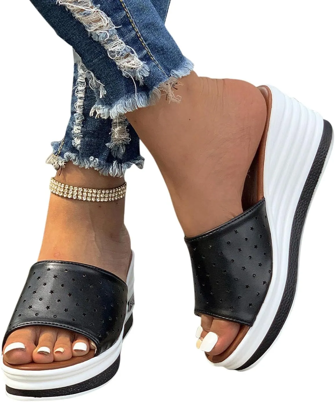 DDAPJ pyju Platform Wedge Sandals for Women Fashion Summer Slide Sandals Slip On Mules Comfortable Casual Walking Shoes