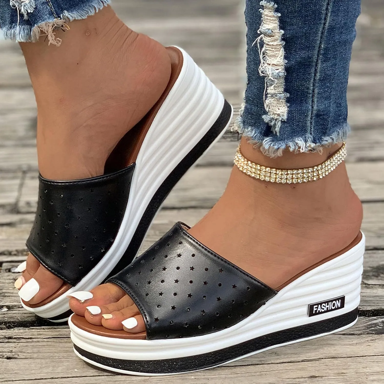 DDAPJ pyju Platform Wedge Sandals for Women Fashion Summer Slide Sandals Slip On Mules Comfortable Casual Walking Shoes