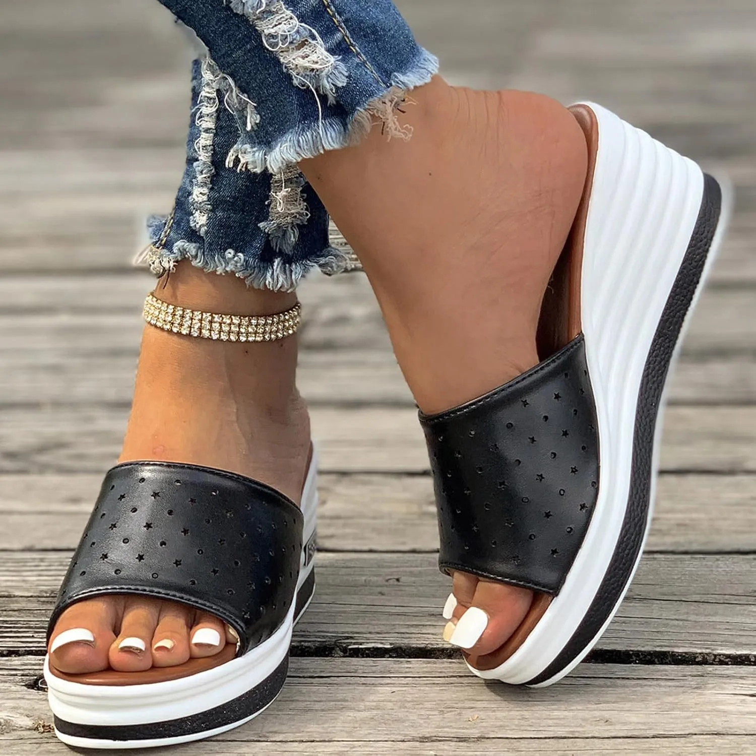 DDAPJ pyju Platform Wedge Sandals for Women Fashion Summer Slide Sandals Slip On Mules Comfortable Casual Walking Shoes