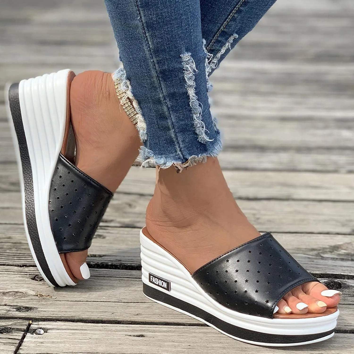 DDAPJ pyju Platform Wedge Sandals for Women Fashion Summer Slide Sandals Slip On Mules Comfortable Casual Walking Shoes