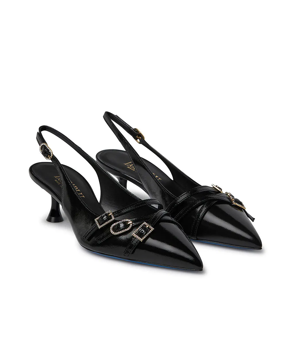 Decorative straps black leather slingback pumps