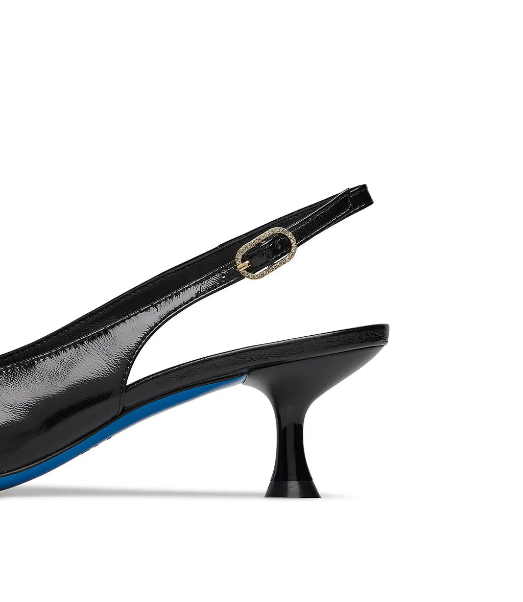Decorative straps black leather slingback pumps