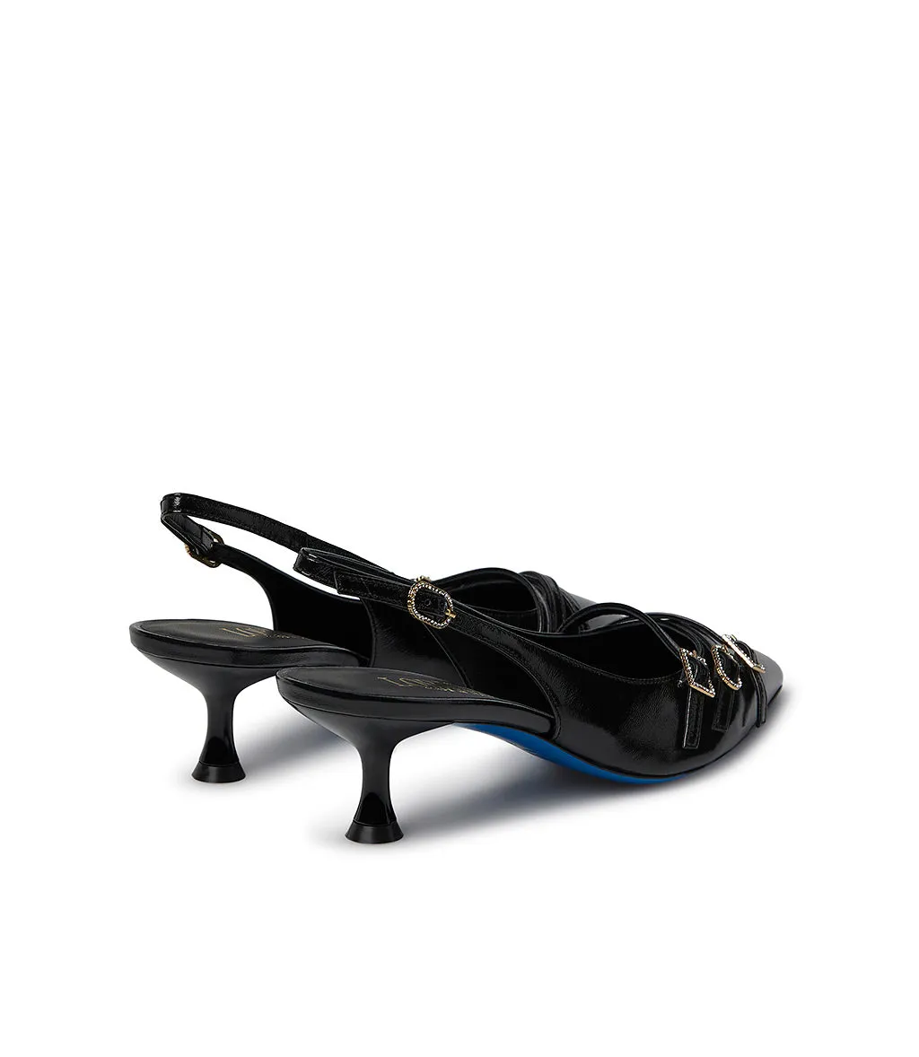 Decorative straps black leather slingback pumps