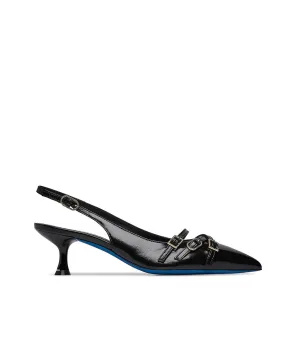 Decorative straps black leather slingback pumps