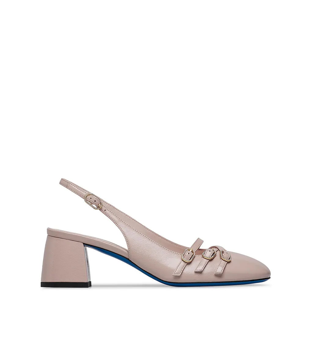 Decorative straps powder pink leather slingback pumps 