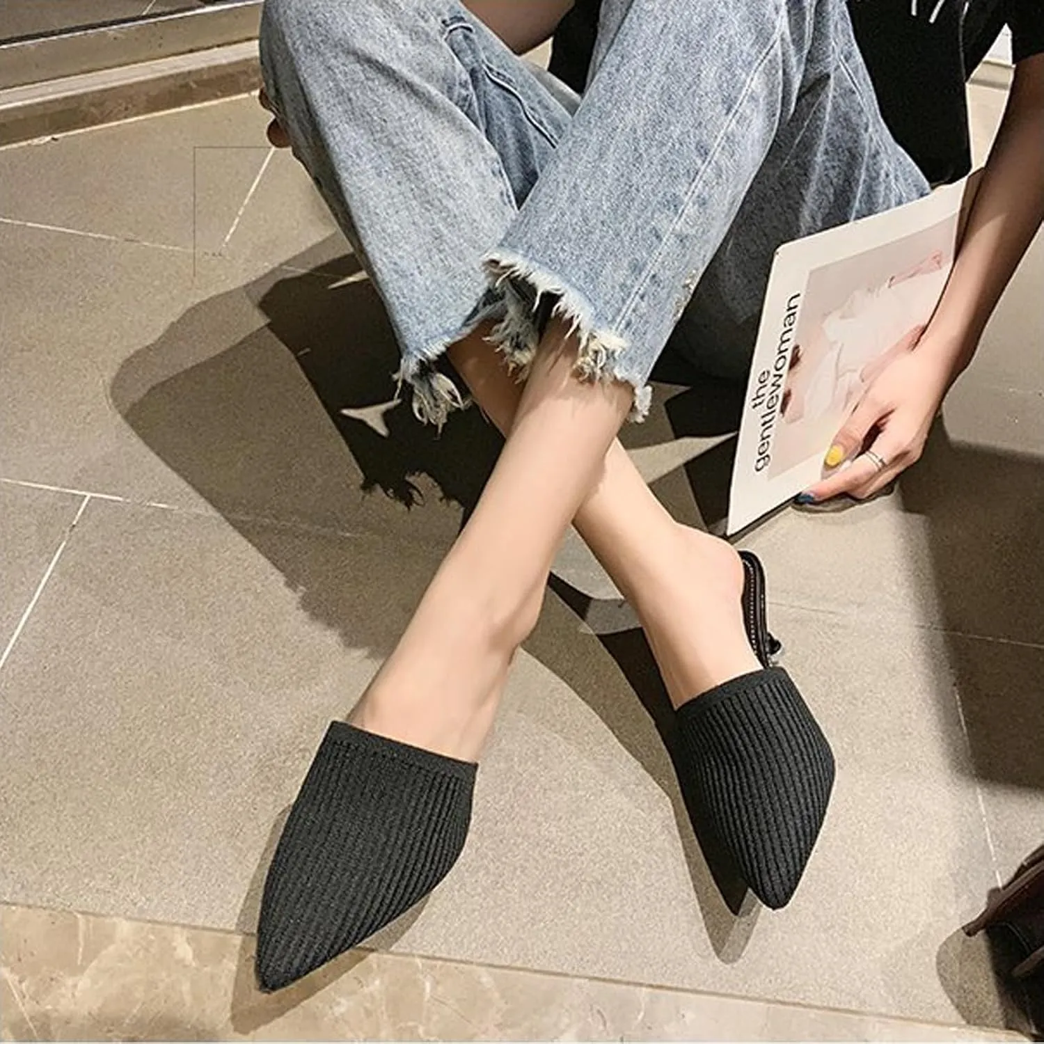 DirraBra Women's Fashion Kitten Heel Mules, Elastic Casual Slip On Sandals Dress Pointy Toe Office Party Heels