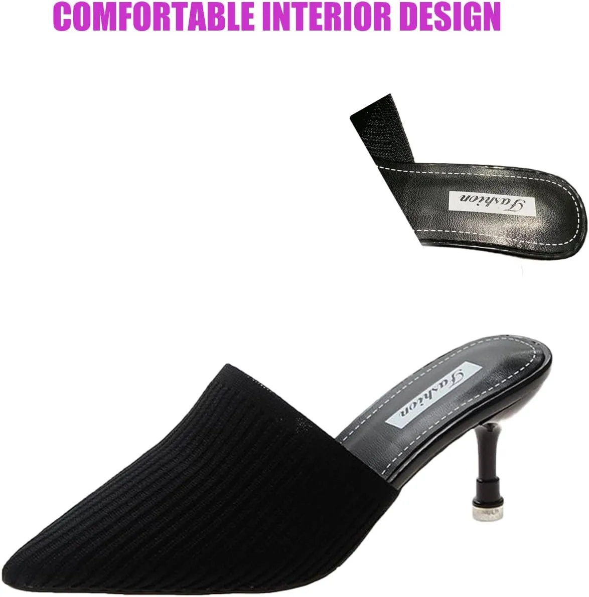 DirraBra Women's Fashion Kitten Heel Mules, Elastic Casual Slip On Sandals Dress Pointy Toe Office Party Heels