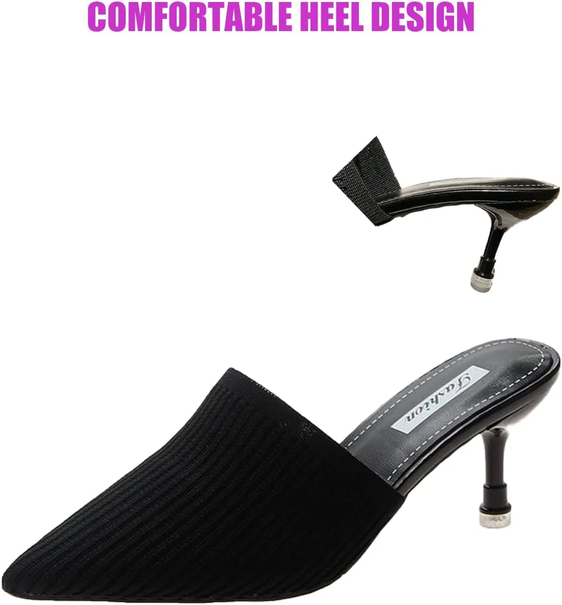 DirraBra Women's Fashion Kitten Heel Mules, Elastic Casual Slip On Sandals Dress Pointy Toe Office Party Heels