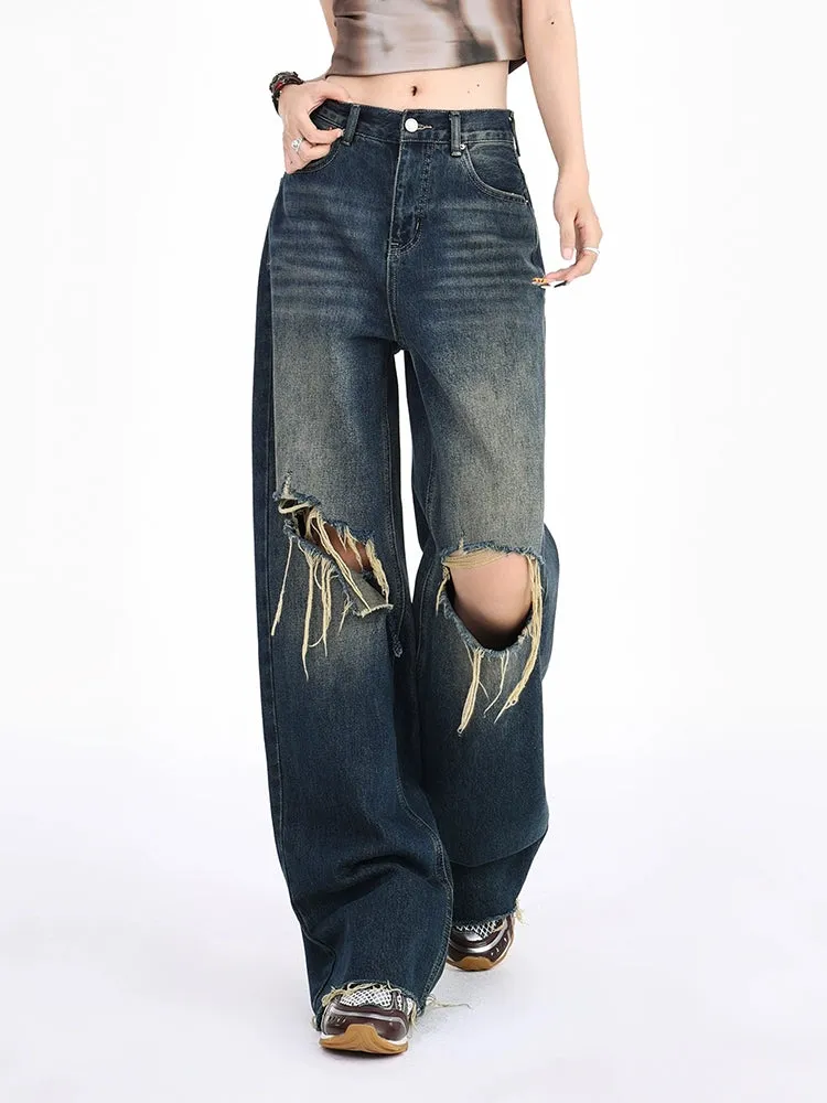 Distressed Wide-Leg Denim Jeans with Raw Hems