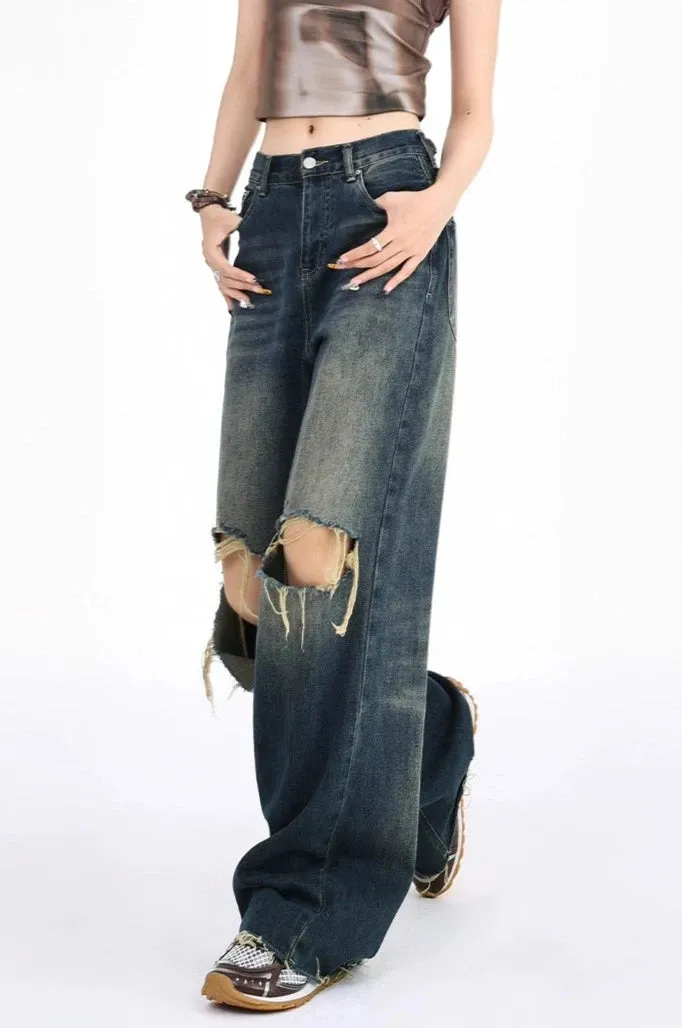 Distressed Wide-Leg Denim Jeans with Raw Hems