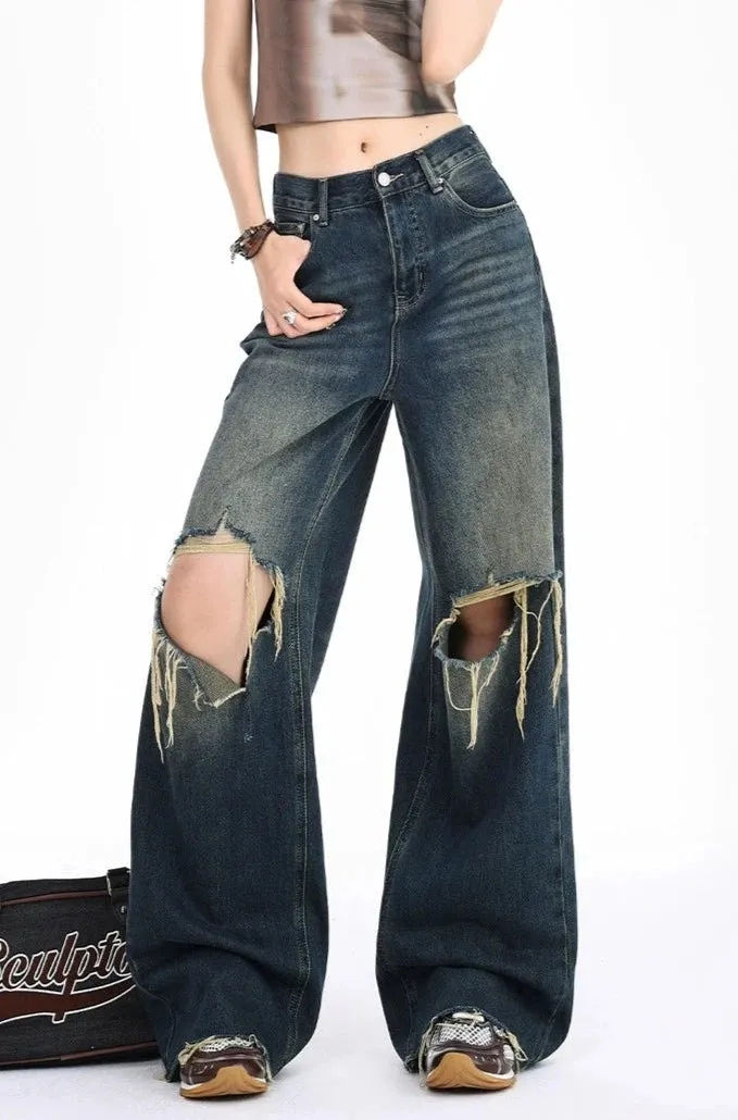 Distressed Wide-Leg Denim Jeans with Raw Hems