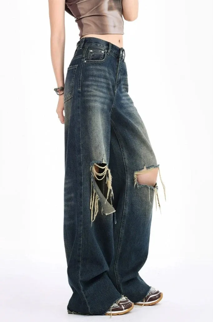 Distressed Wide-Leg Denim Jeans with Raw Hems