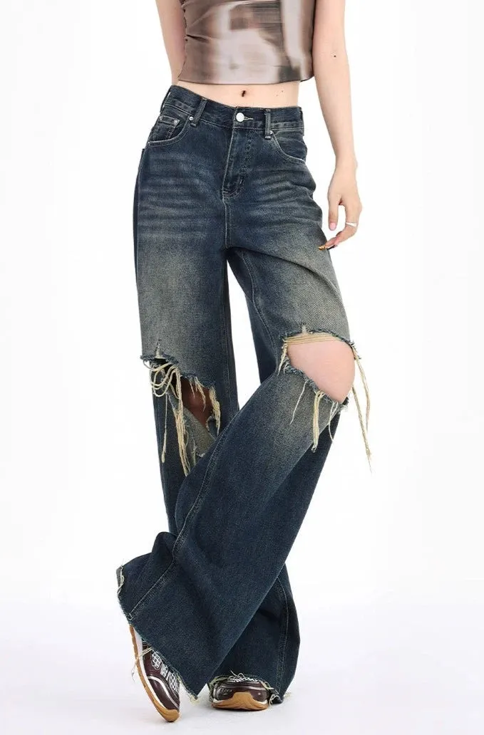 Distressed Wide-Leg Denim Jeans with Raw Hems