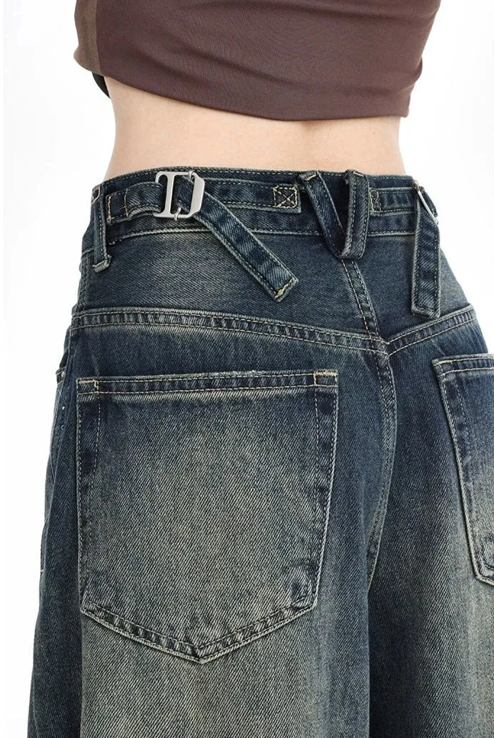 Distressed Wide-Leg Denim Jeans with Raw Hems