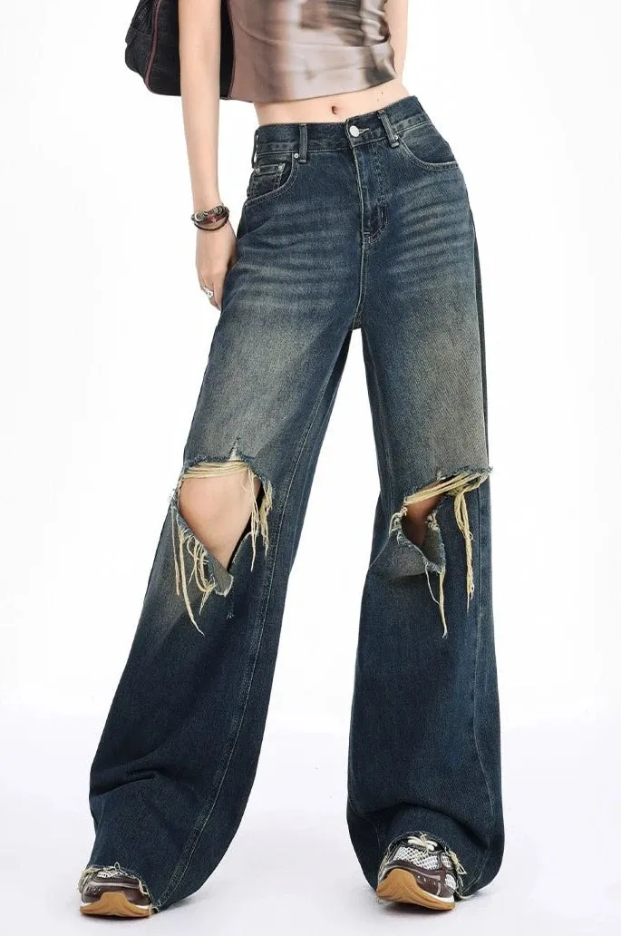 Distressed Wide-Leg Denim Jeans with Raw Hems