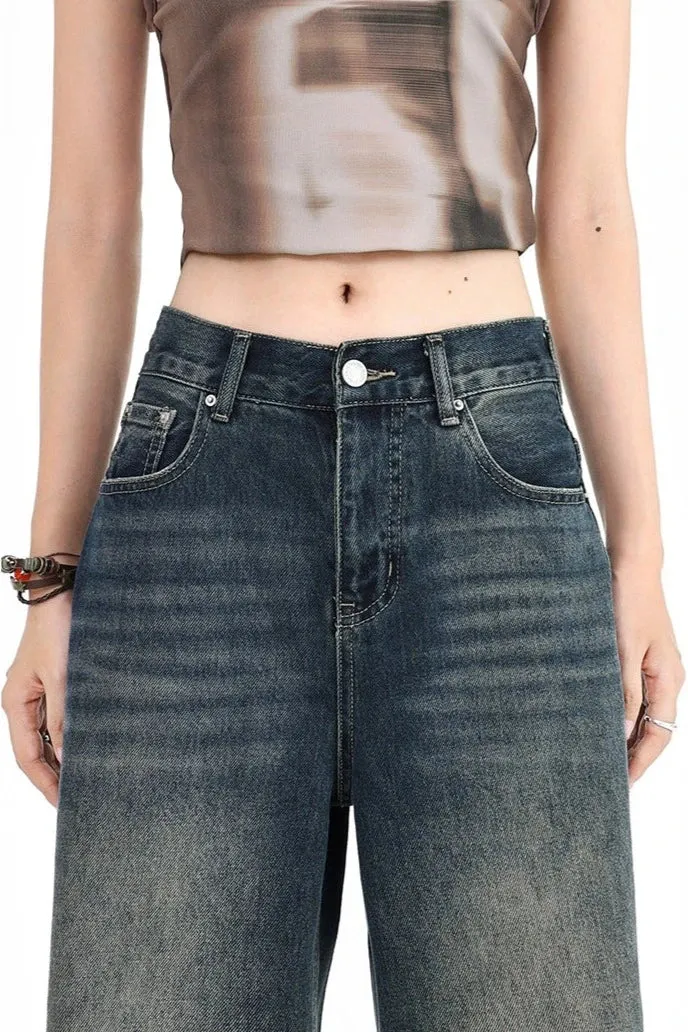 Distressed Wide-Leg Denim Jeans with Raw Hems