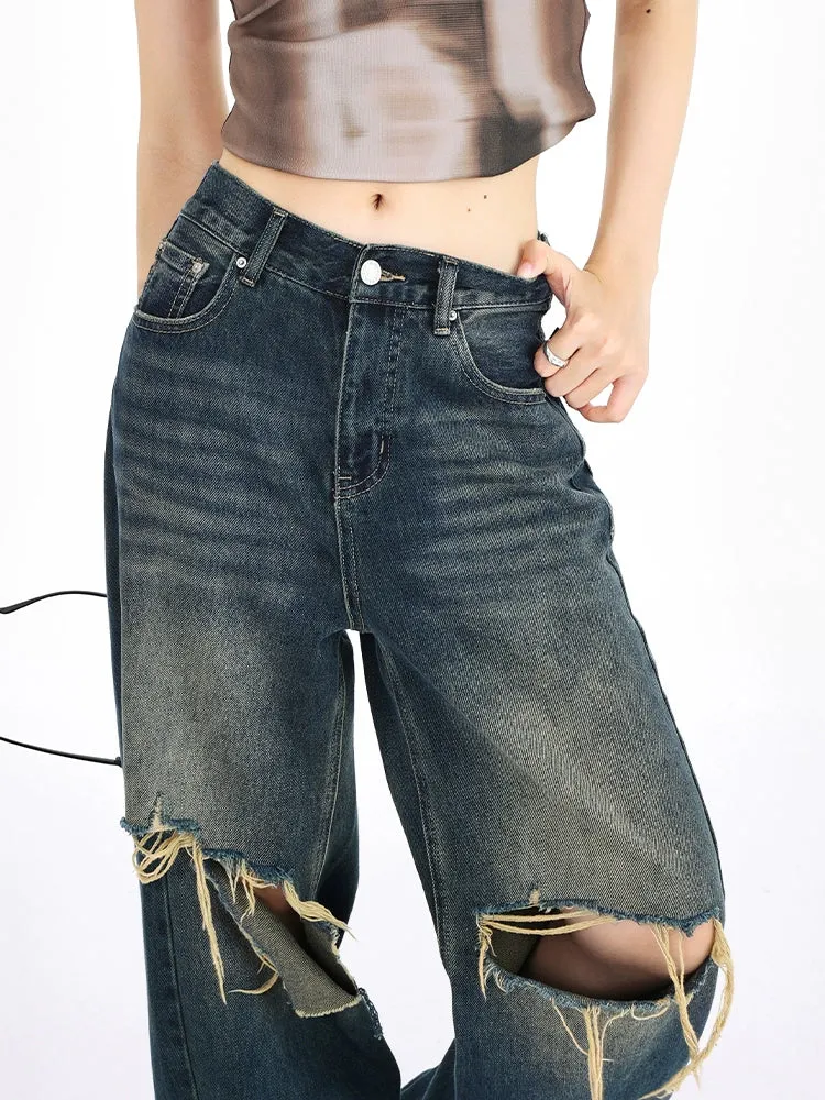 Distressed Wide-Leg Denim Jeans with Raw Hems