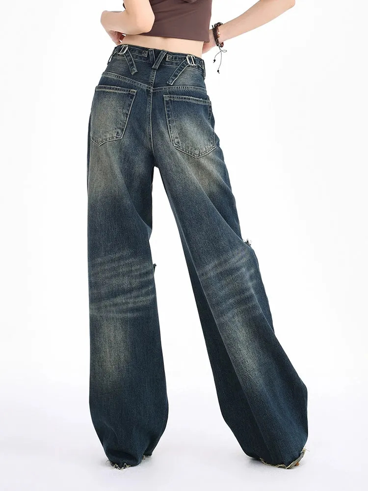 Distressed Wide-Leg Denim Jeans with Raw Hems