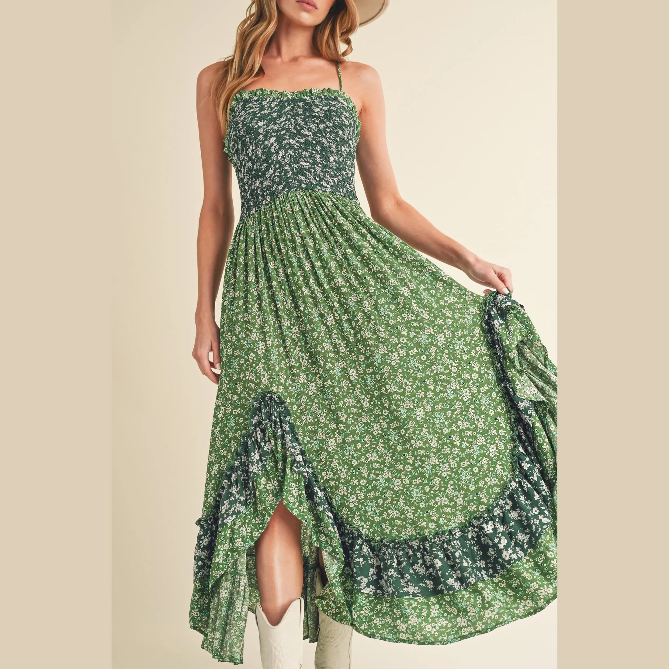 Ditsy Floral Ruffled Hem Maxi Cami Dress