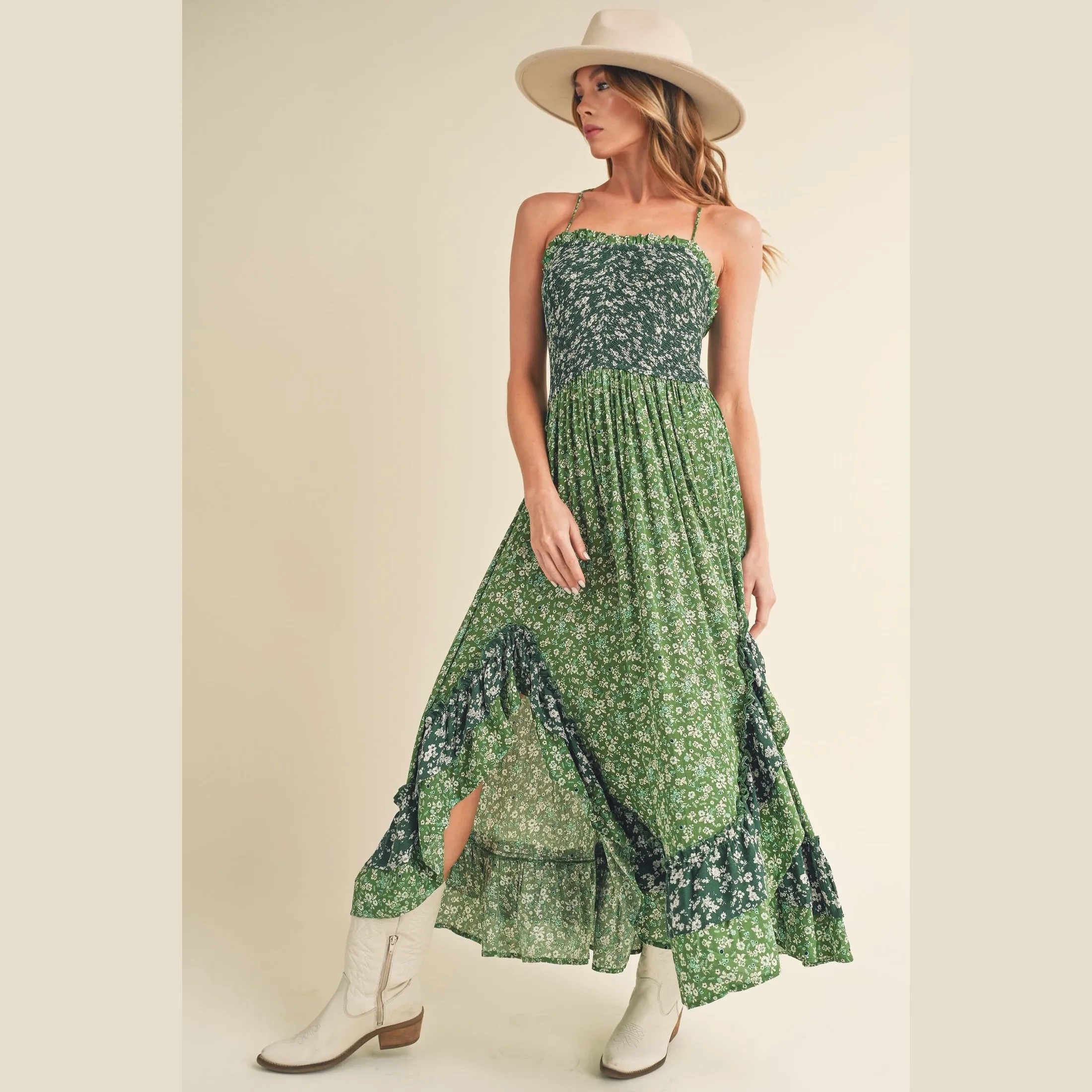 Ditsy Floral Ruffled Hem Maxi Cami Dress