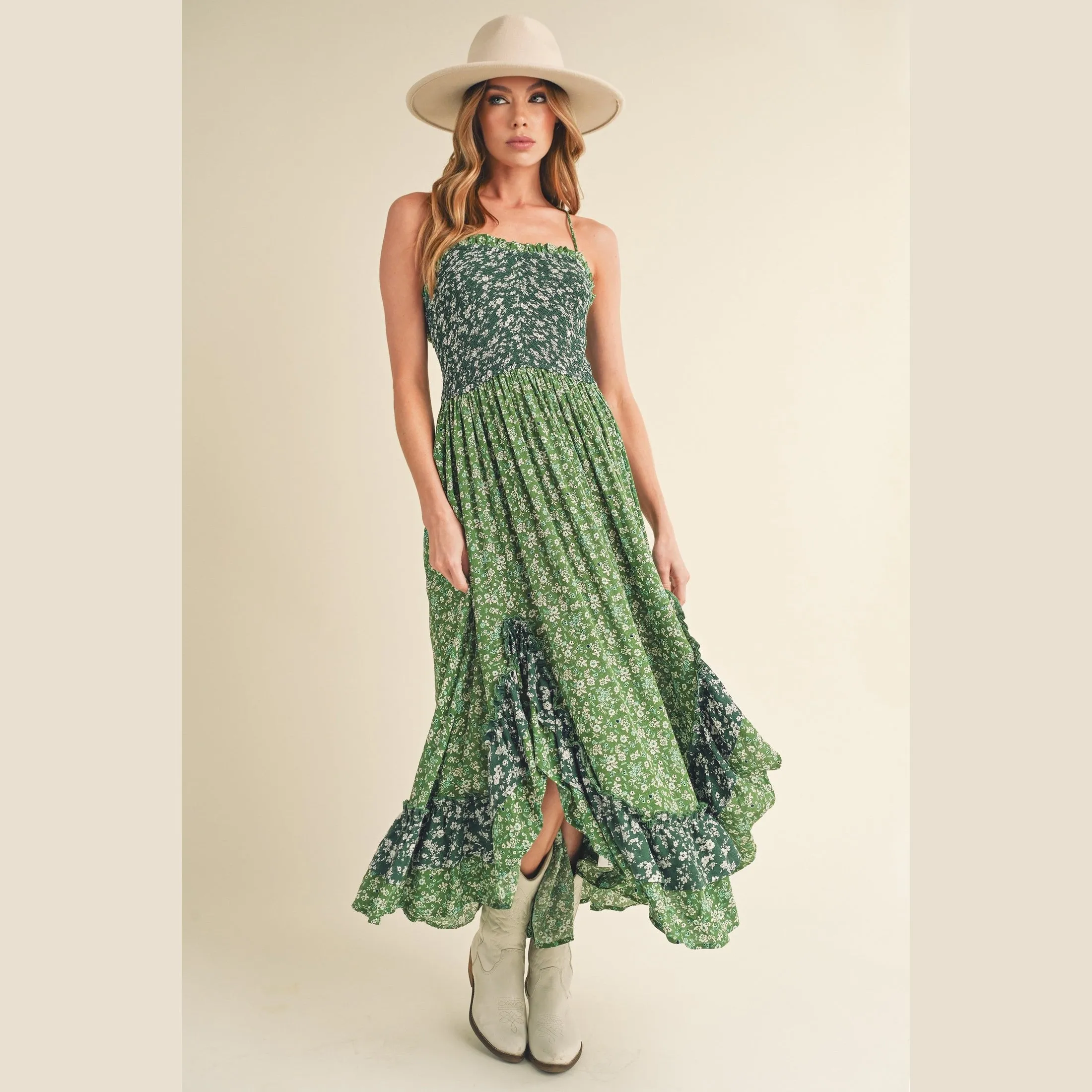Ditsy Floral Ruffled Hem Maxi Cami Dress