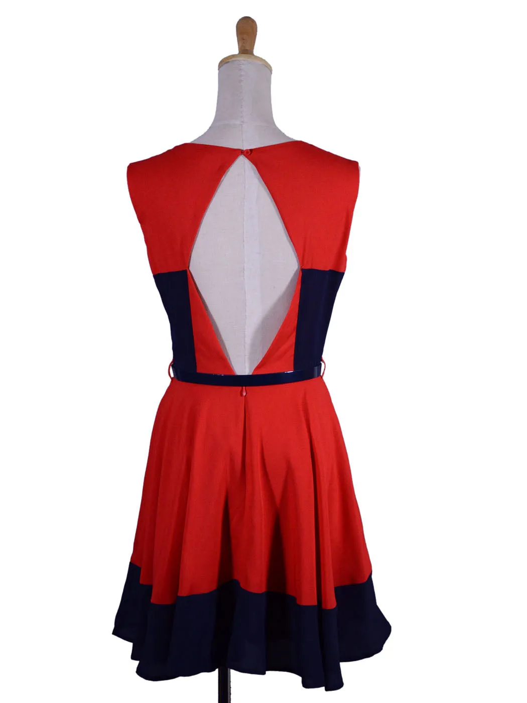 Double Zero Diamond Cutout Back A Line Skirt Two Tone Belted Sleeveless Dress