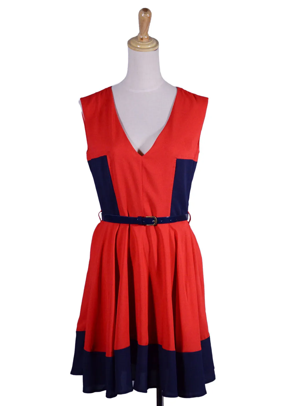 Double Zero Diamond Cutout Back A Line Skirt Two Tone Belted Sleeveless Dress