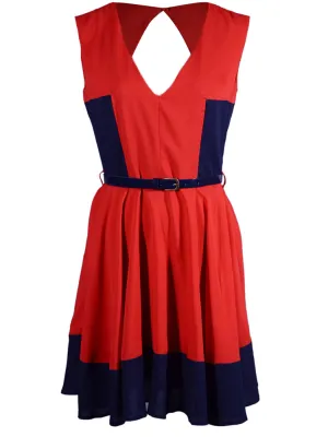 Double Zero Diamond Cutout Back A Line Skirt Two Tone Belted Sleeveless Dress