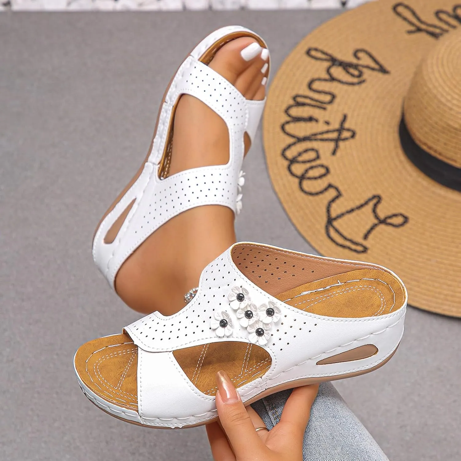 Dressy Sandal Women's Wedge Heel Open Toe Fish Mouth Sandals Fashion Flower Decoration Bohemian Sandals