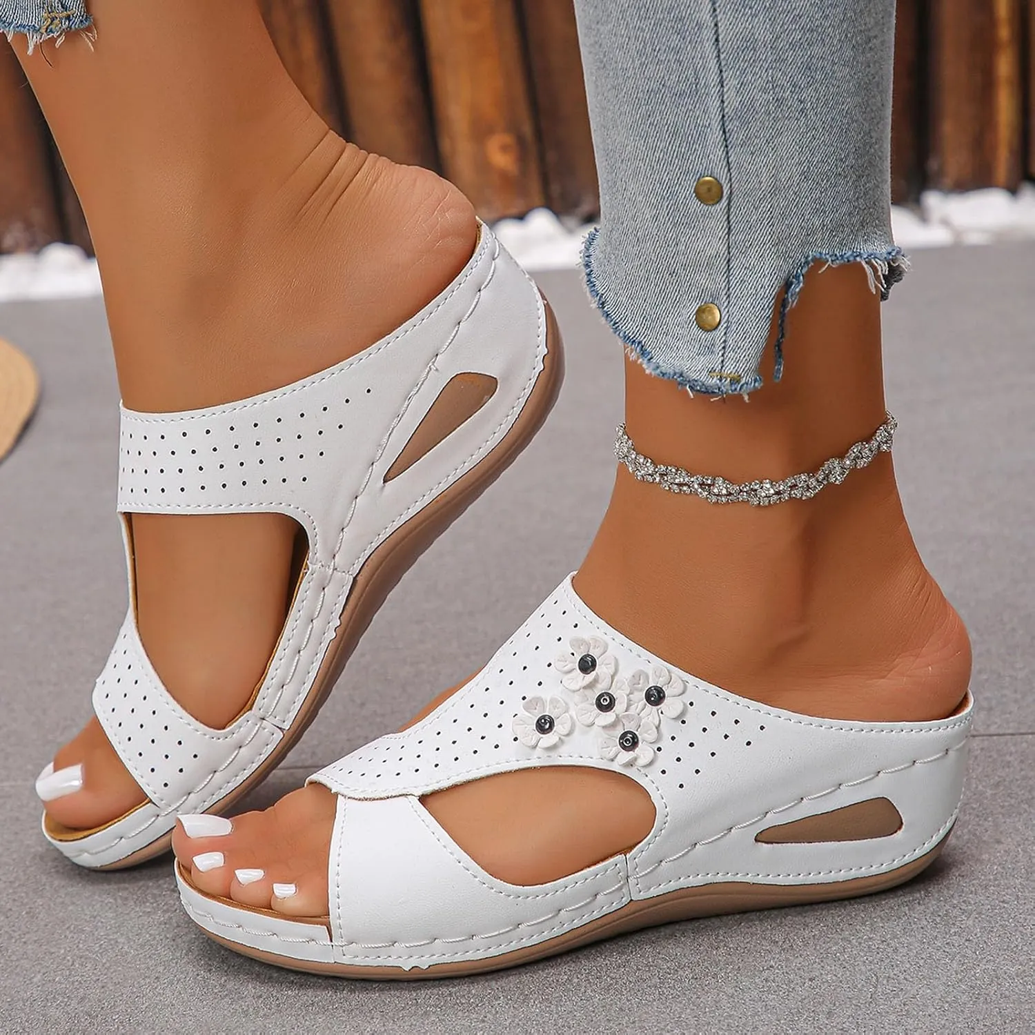 Dressy Sandal Women's Wedge Heel Open Toe Fish Mouth Sandals Fashion Flower Decoration Bohemian Sandals