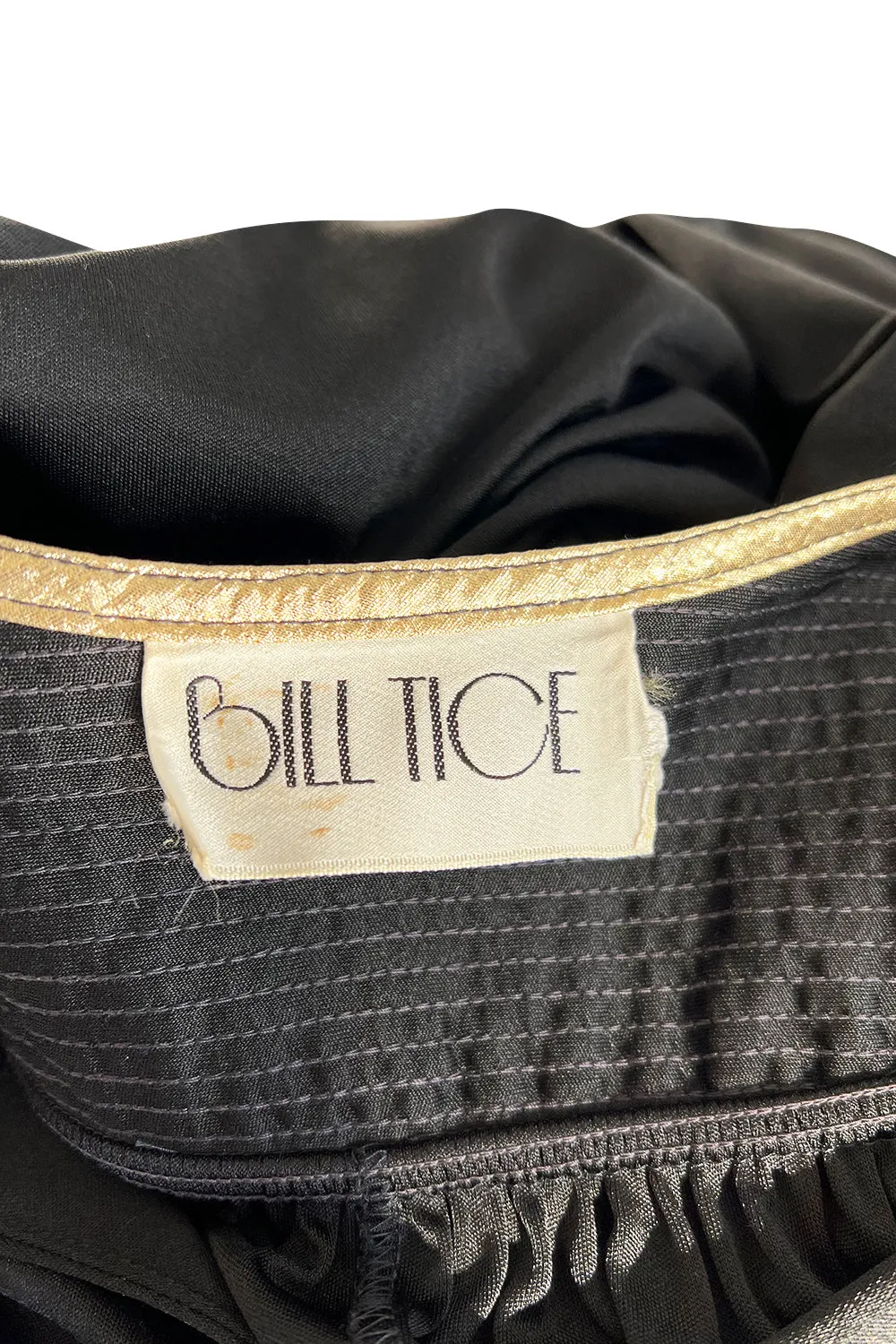 Easy to Wear 1980s Bill Tice Black Jersey Caftan Feel Dress w Gold Shoulder Detail