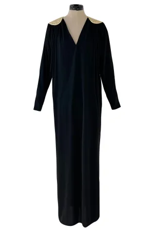 Easy to Wear 1980s Bill Tice Black Jersey Caftan Feel Dress w Gold Shoulder Detail