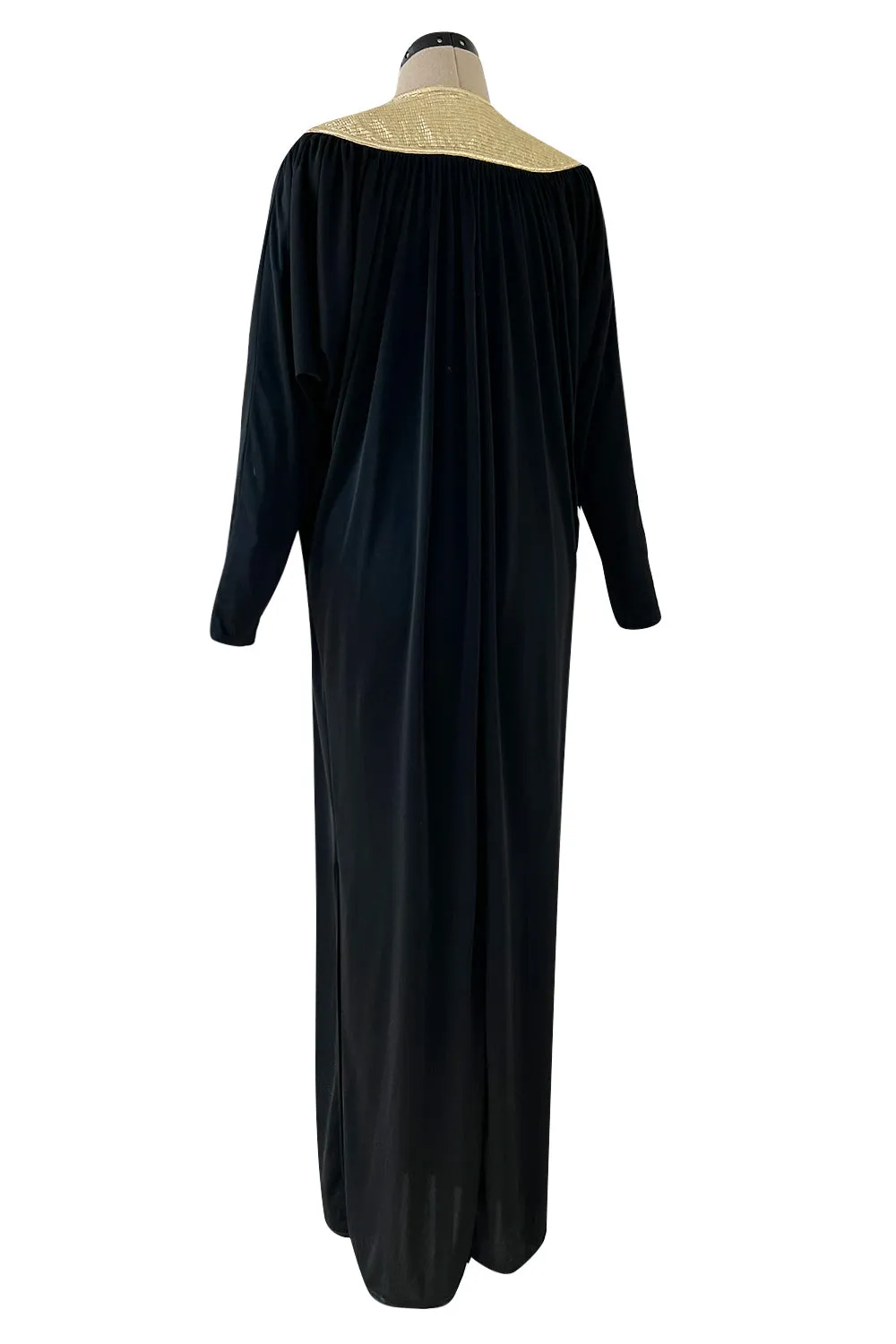 Easy to Wear 1980s Bill Tice Black Jersey Caftan Feel Dress w Gold Shoulder Detail