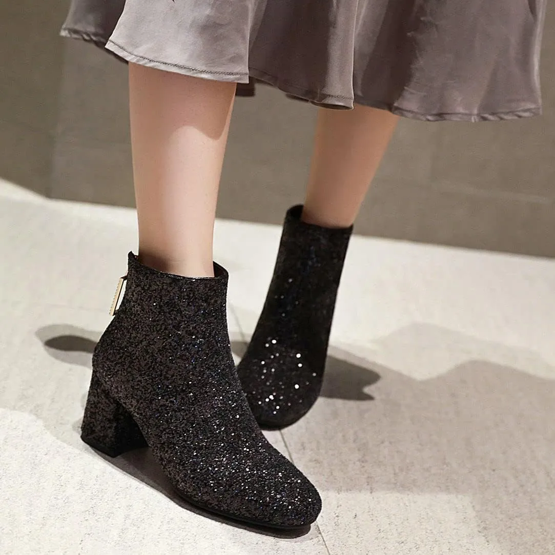 Elbslutt Women's Glitter Sparkly Booties Chunky Heels Ankle Boots Back Zipper Block Heeled Short Sequin Boots Wedding Bridal Party Dress Shoes