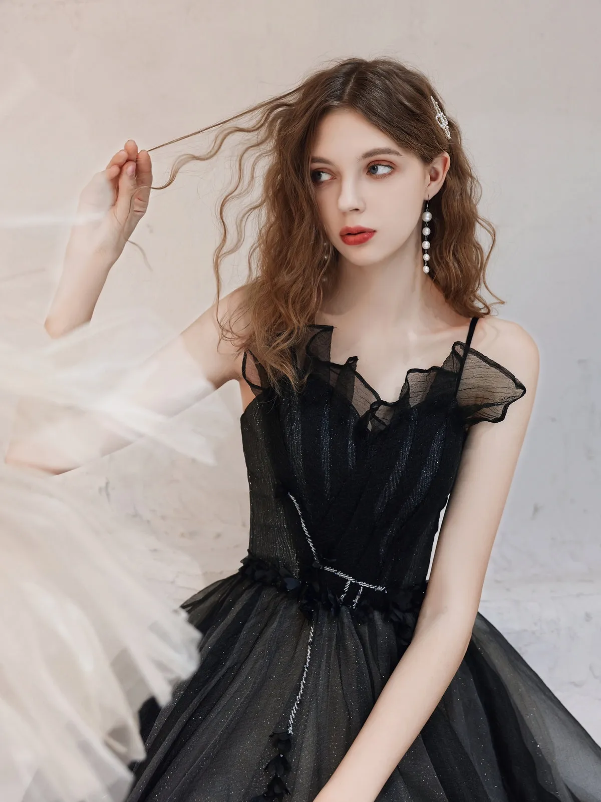 Elegant Black Sparkling Tulle Ball Gown with Ruffled Bodice